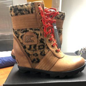 Women Sorel Lexie Faux Fur Wedge Boot Cognac Brown Tan Animal Leopard